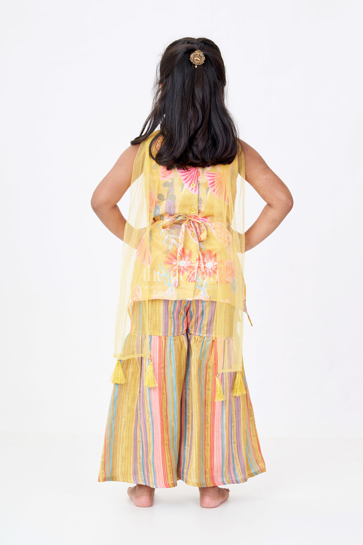 The Nesavu Girls Sharara / Plazo Set Girls Mustard Yellow Sharara with Floral Printed Top and Striped Flared Pants Nesavu Girls Mustard Yellow Sharara Floral Printed Top Striped Flared Pants | The Nesavu