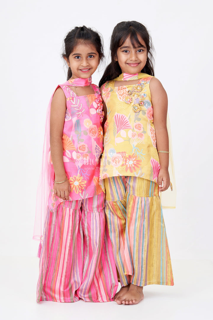 The Nesavu Girls Sharara / Plazo Set Girls Mustard Yellow Sharara with Floral Printed Top and Striped Flared Pants Nesavu Girls Mustard Yellow Sharara Floral Printed Top Striped Flared Pants | The Nesavu