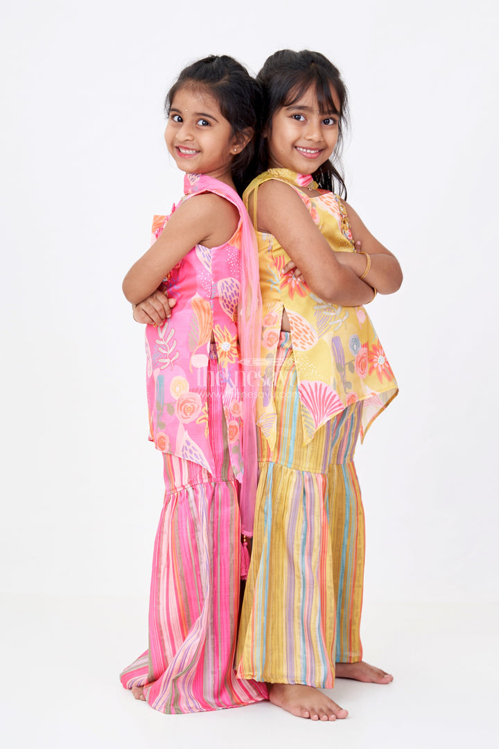 The Nesavu Girls Sharara / Plazo Set Girls Mustard Yellow Sharara with Floral Printed Top and Striped Flared Pants Nesavu Girls Mustard Yellow Sharara Floral Printed Top Striped Flared Pants | The Nesavu