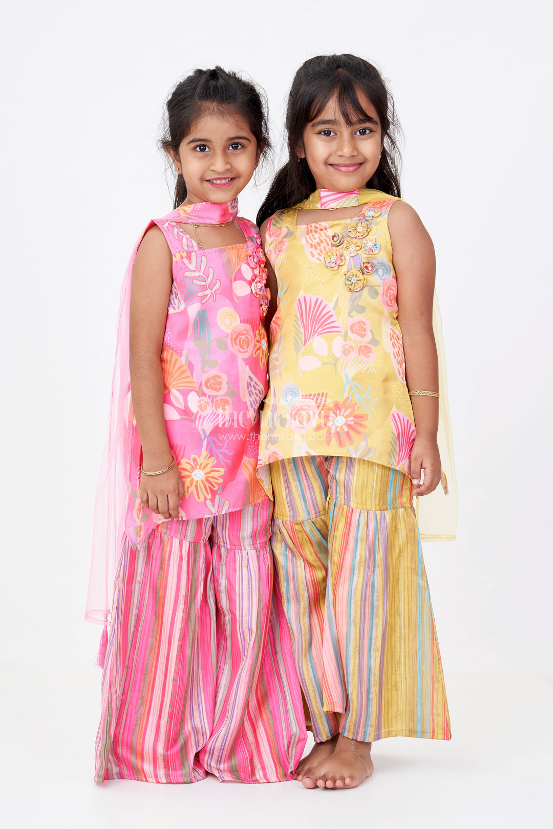 The Nesavu Girls Sharara / Plazo Set Girls Mustard Yellow Sharara with Floral Printed Top and Striped Flared Pants Nesavu Nesavu Girls Mustard Yellow Sharara Floral Printed Top Striped Flared Pants