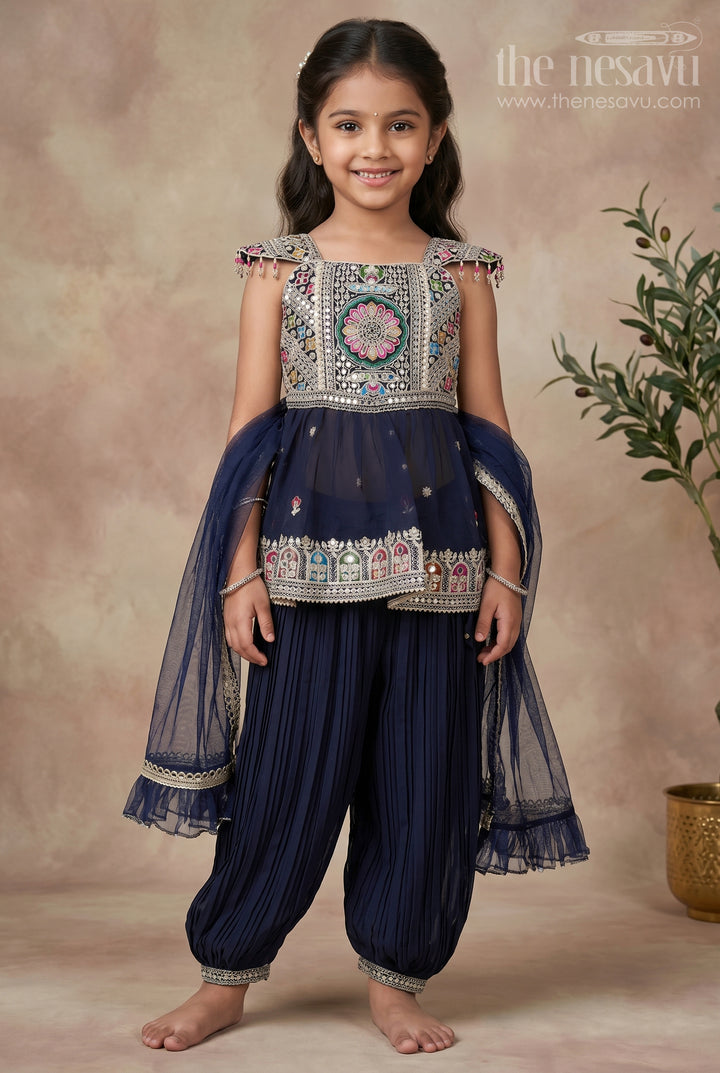 The Nesavu Girls Churidar Sets Girls Navy Blue Georgette Churidar Dress with Thread Embroidery and Colorful Sequins for Festive Charm Nesavu 16 (1Y) / Blue GPS561B-16 Girls Navy Blue Embroidered Georgette Churidar Dress Sequins Cultural Flair | The Nesavu