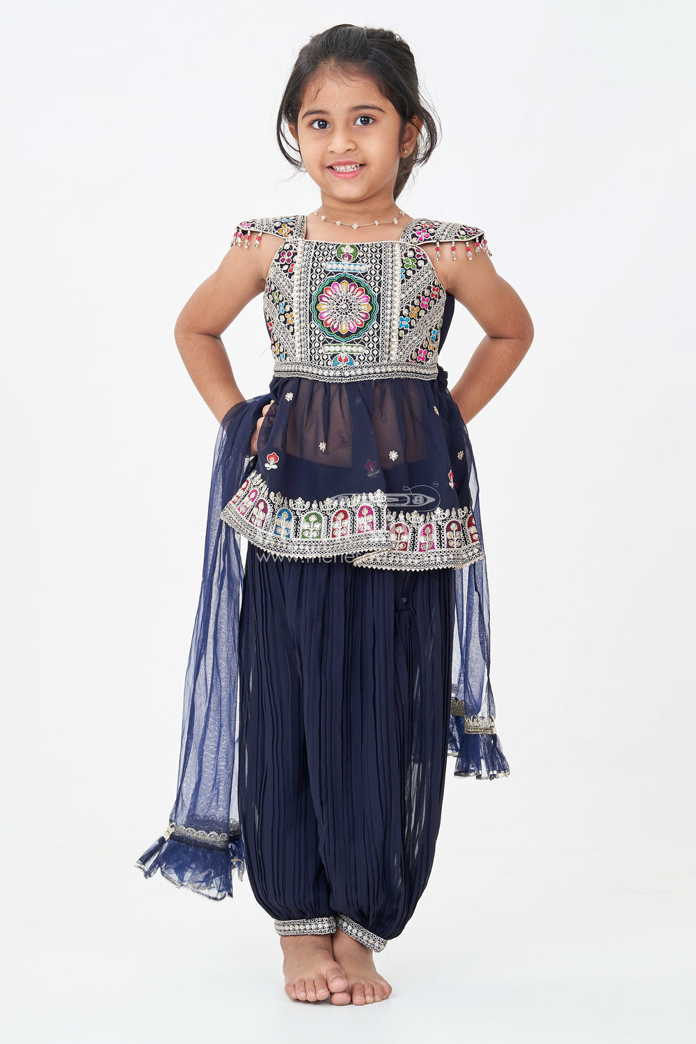 The Nesavu Girls Churidar Sets Girls Navy Blue Georgette Churidar Dress with Thread Embroidery and Colorful Sequins for Festive Charm Nesavu Girls Navy Blue Embroidered Georgette Churidar Dress Sequins Cultural Flair | The Nesavu