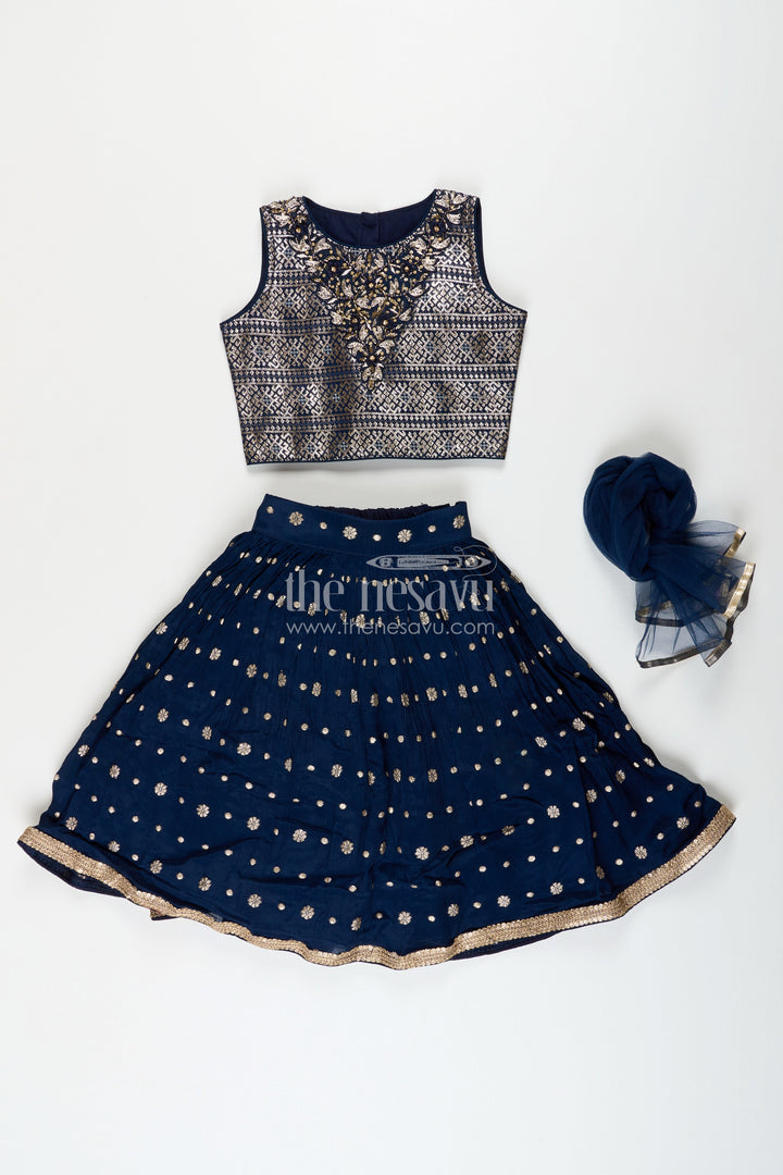The Nesavu Girls Lehenga Choli Girls Navy Blue Georgette Lehenga Choli with Embroidered Yoke for Weddings Nesavu Nesavu girls navy blue georgette lehenga choli embroidered blouse weddings festive occasions