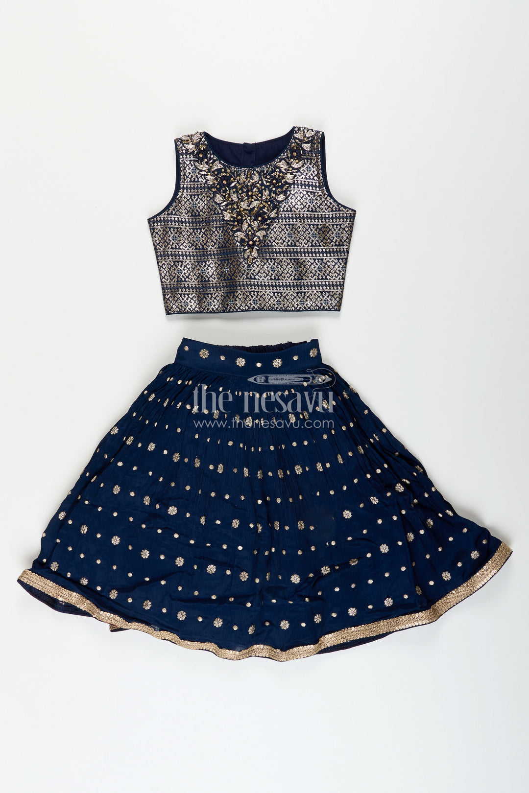 The Nesavu Girls Lehenga Choli Girls navy blue georgette lehenga choli with embroidered yoke for weddings Nesavu Nesavu girls navy blue georgette lehenga choli embroidered blouse weddings festive occasions
