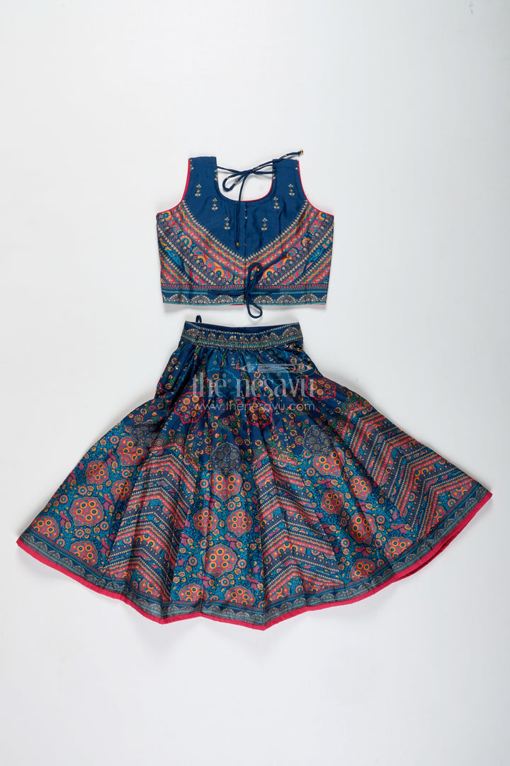 The Nesavu Girls Lehenga Choli Girls Navy Blue Lehenga Choli for Weddings and Cultural Festivals Nesavu Nesavu Girls Navy Lehenga Choli Weddings Silk Blend Ethnic Wear Traditional Print