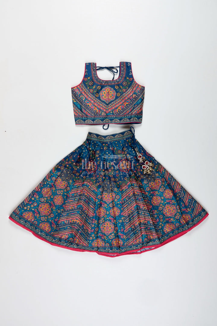 The Nesavu Girls Lehenga Choli Girls Navy Blue Lehenga Choli for Weddings and Cultural Festivals Nesavu Nesavu Girls Navy Lehenga Choli Weddings Silk Blend Ethnic Wear Traditional Print