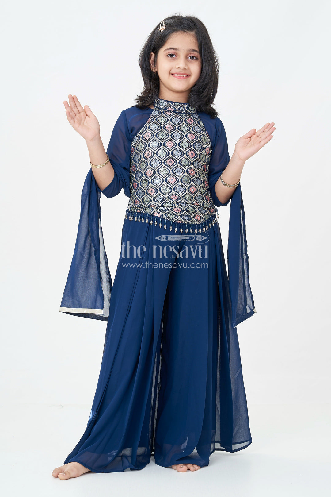 The Nesavu Girls Sharara / Plazo Set Girls' Navy Blue Palazzo Set with Halter Neck Embroidered Blouse Nesavu 18 (2Y) / Green GPS333B-18 Stylish Girls' Navy Blue Palazzo Set with Halter Neck Embroidered Blouse