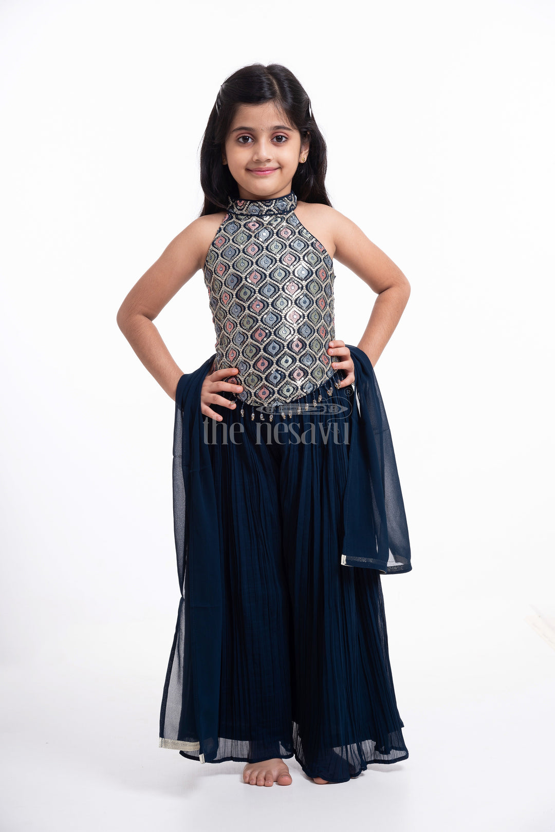 The Nesavu Girls Sharara / Plazo Set Girls' Navy Blue Palazzo Set with Halter Neck Embroidered Blouse Nesavu 18 (2Y) / Green GPS333B-18 Stylish Girls' Navy Blue Palazzo Set with Halter Neck Embroidered Blouse