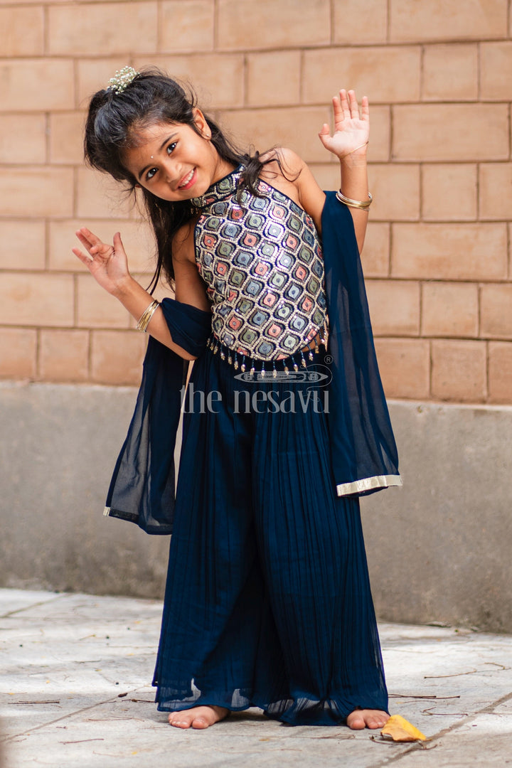 The Nesavu Girls Sharara / Plazo Set Girls' Navy Blue Palazzo Set with Halter Neck Embroidered Blouse Nesavu 18 (2Y) / Green GPS333B-18 Stylish Girls' Navy Blue Palazzo Set with Halter Neck Embroidered Blouse