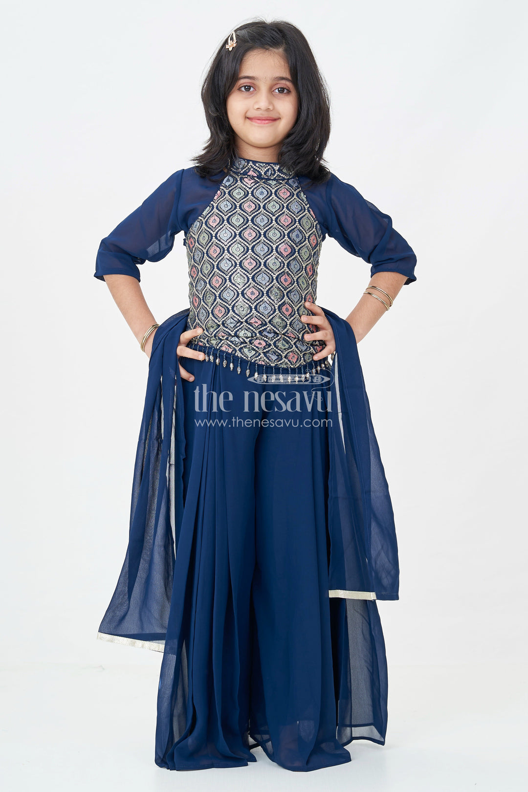 The Nesavu Girls Sharara / Plazo Set Girls' Navy Blue Palazzo Set with Halter Neck Embroidered Blouse Nesavu Stylish Girls' Navy Blue Palazzo Set with Halter Neck Embroidered Blouse