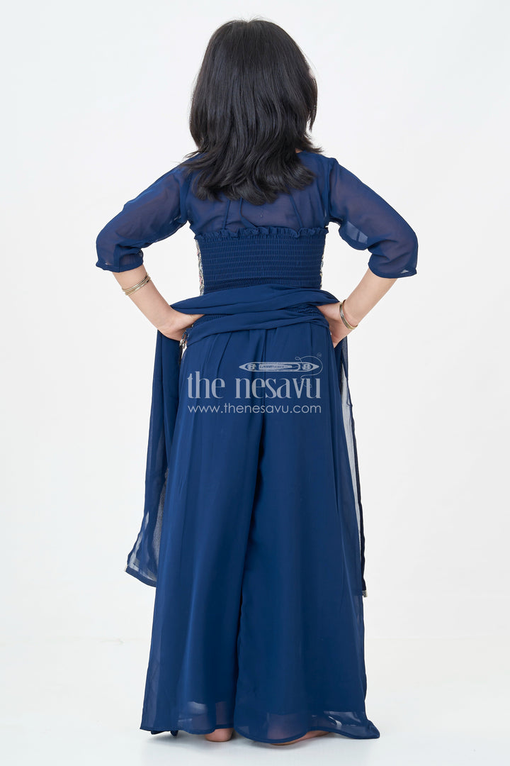 The Nesavu Girls Sharara / Plazo Set Girls' Navy Blue Palazzo Set with Halter Neck Embroidered Blouse Nesavu Stylish Girls' Navy Blue Palazzo Set with Halter Neck Embroidered Blouse