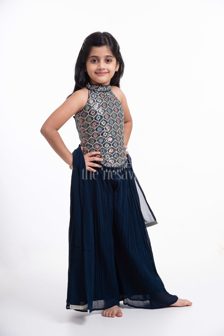 The Nesavu Girls Sharara / Plazo Set Girls' Navy Blue Palazzo Set with Halter Neck Embroidered Blouse Nesavu Stylish Girls' Navy Blue Palazzo Set with Halter Neck Embroidered Blouse