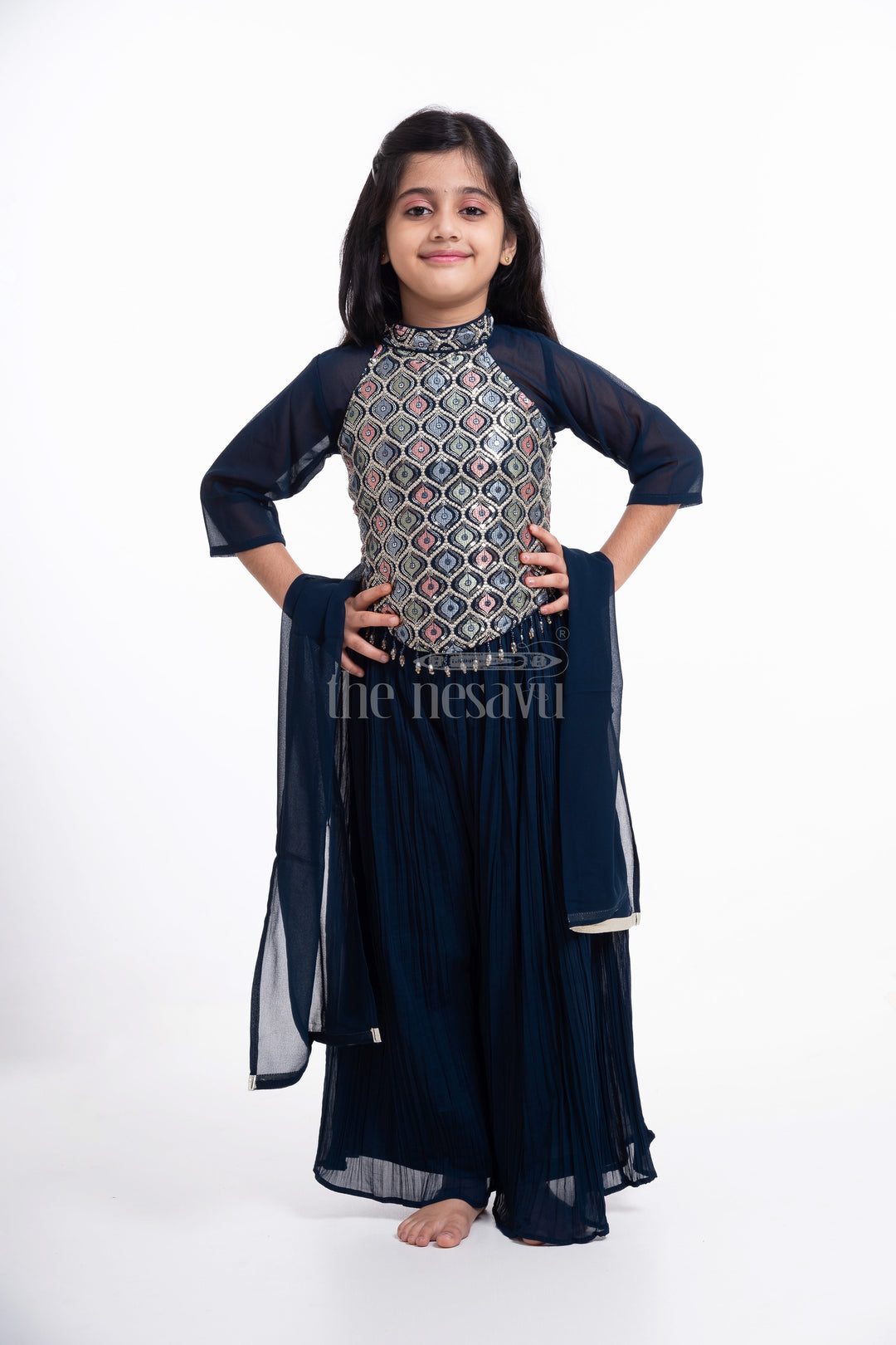 The Nesavu Girls Sharara / Plazo Set Girls' Navy Blue Palazzo Set with Halter Neck Embroidered Blouse Nesavu Stylish Girls' Navy Blue Palazzo Set with Halter Neck Embroidered Blouse