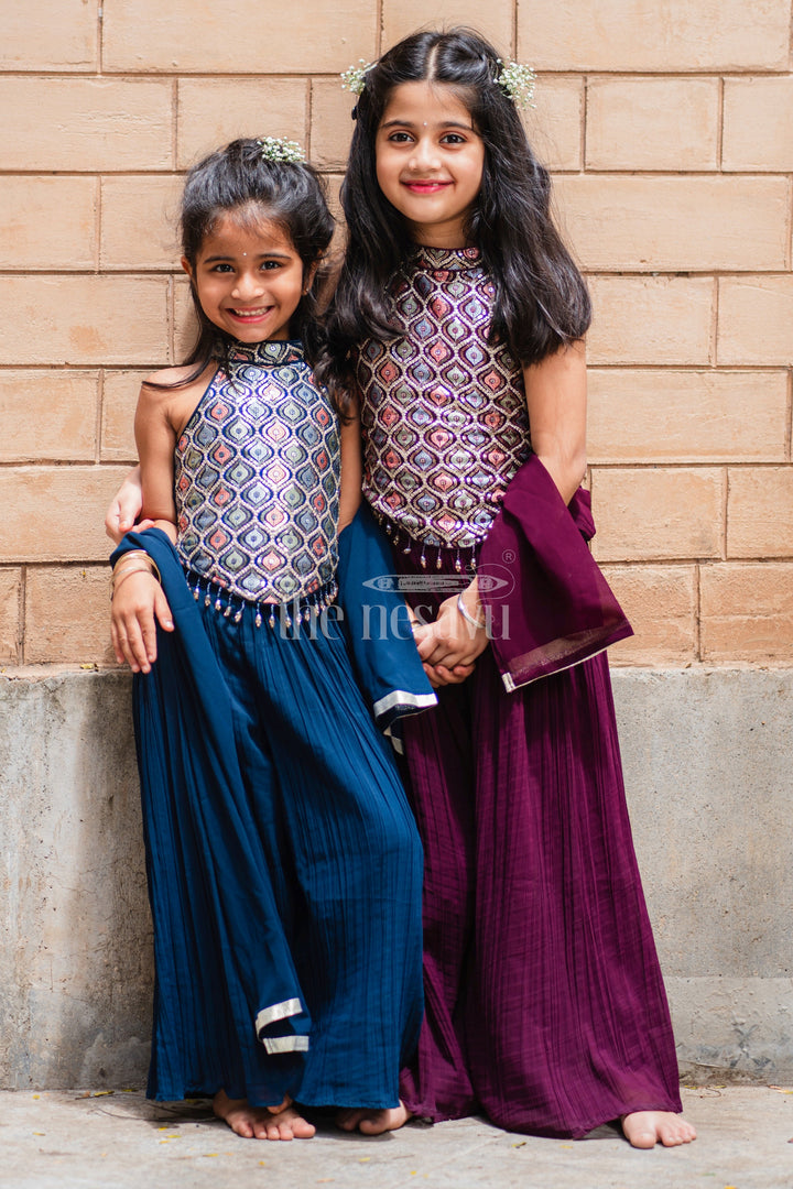 The Nesavu Girls Sharara / Plazo Set Girls' Navy Blue Palazzo Set with Halter Neck Embroidered Blouse Nesavu Stylish Girls' Navy Blue Palazzo Set with Halter Neck Embroidered Blouse