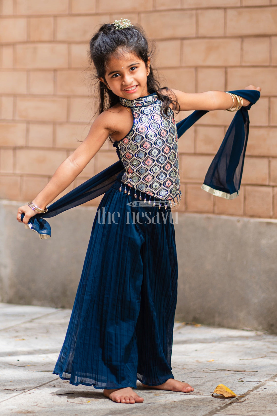 The Nesavu Girls Sharara / Plazo Set Girls' Navy Blue Palazzo Set with Halter Neck Embroidered Blouse Nesavu Stylish Girls' Navy Blue Palazzo Set with Halter Neck Embroidered Blouse