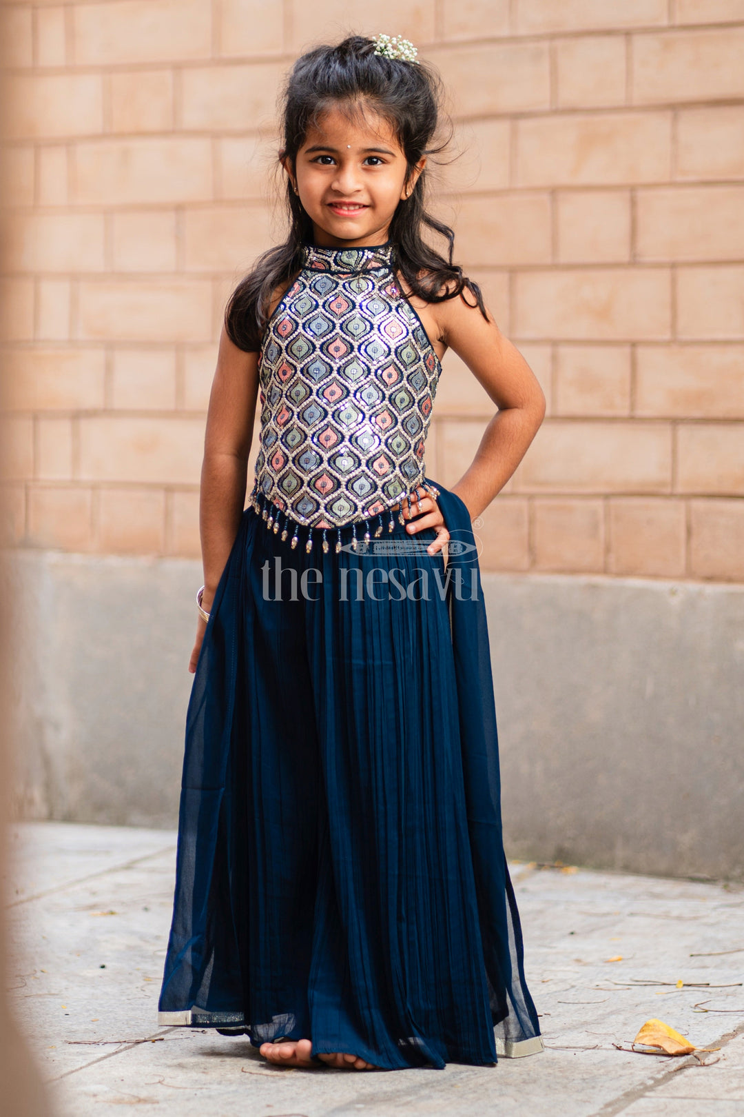 The Nesavu Girls Sharara / Plazo Set Girls' Navy Blue Palazzo Set with Halter Neck Embroidered Blouse Nesavu Stylish Girls' Navy Blue Palazzo Set with Halter Neck Embroidered Blouse