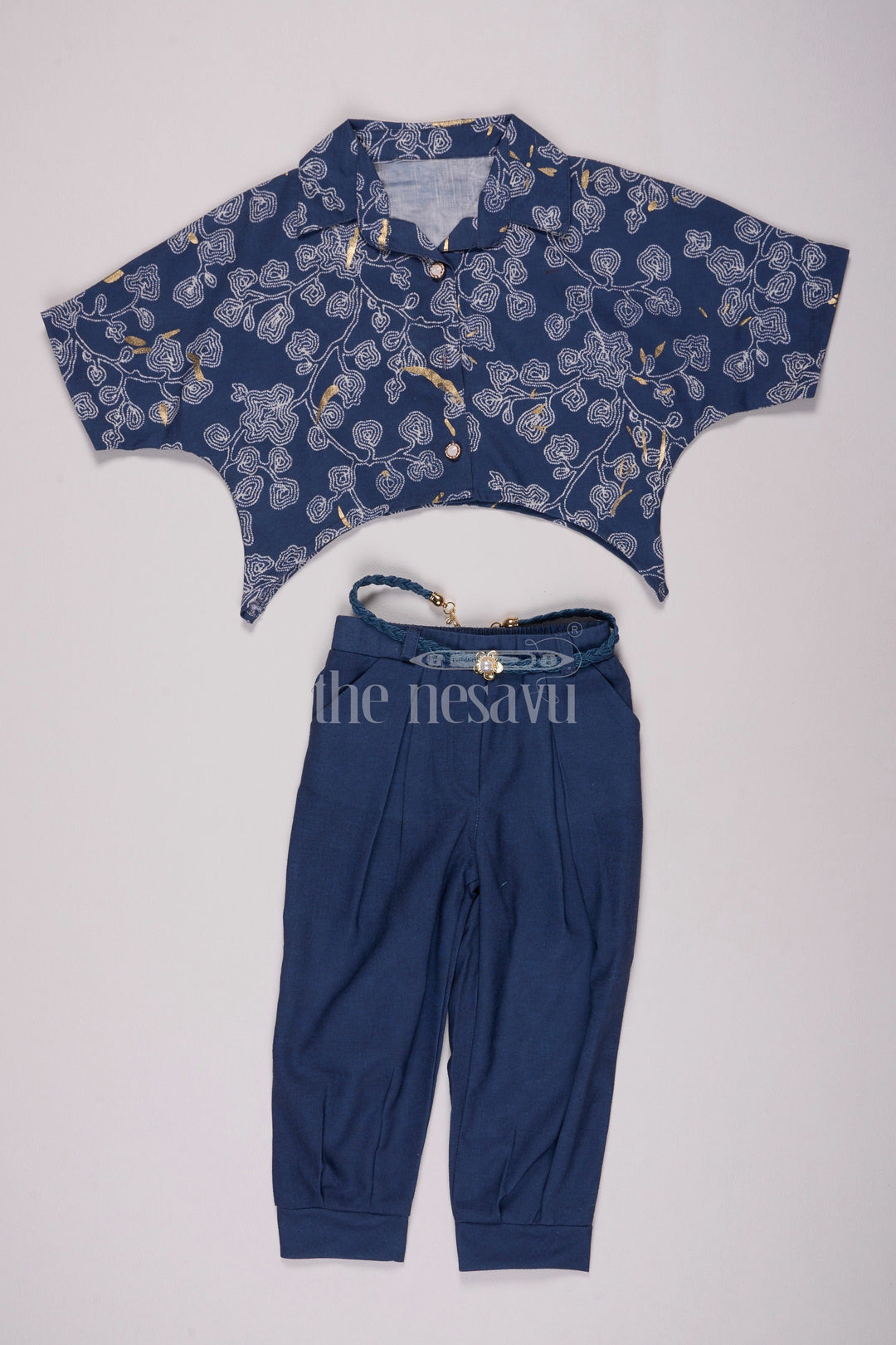 The Nesavu Girls Sharara / Plazo Set Girls Navy Blue Printed Crop Shirt and Pants Set for Casual Wear Nesavu 18 (2Y) / Blue GPS417B-18 Nesavu Girls Navy Blue Casual Set Printed Crop Shirt Straight-Fit Pants