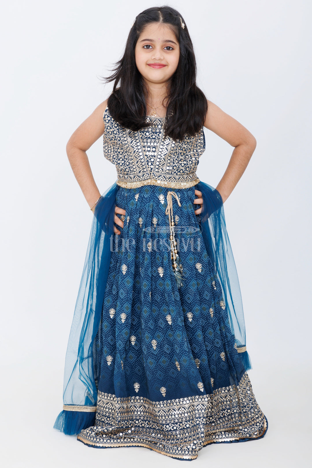 The Nesavu Girls Lehenga Choli Girls Navy Blue Pure Georgette Lehenga Choli with Silver Embroidery and Geometric Pattern Detailing Nesavu 28 (7Y) / Blue GL521A-28 Nesavu Girls Navy Blue Georgette Lehenga Choli Silver Geometric Embroidery Pleated Skirt