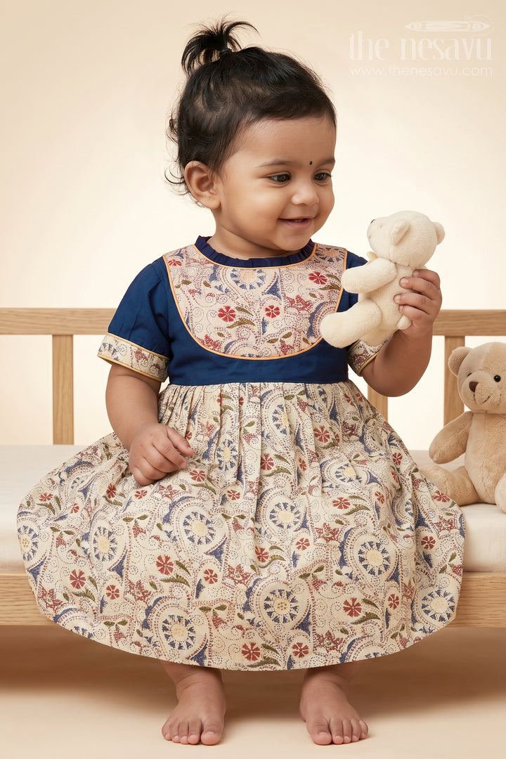 The Nesavu Baby Cotton Frocks Girls Navy Top with Floral Medallion Printed Cotton Frock Nesavu 14 (6M) / Blue / Cotton BFJ493C-14 Navy and Floral girls Party dress | The Nesavu