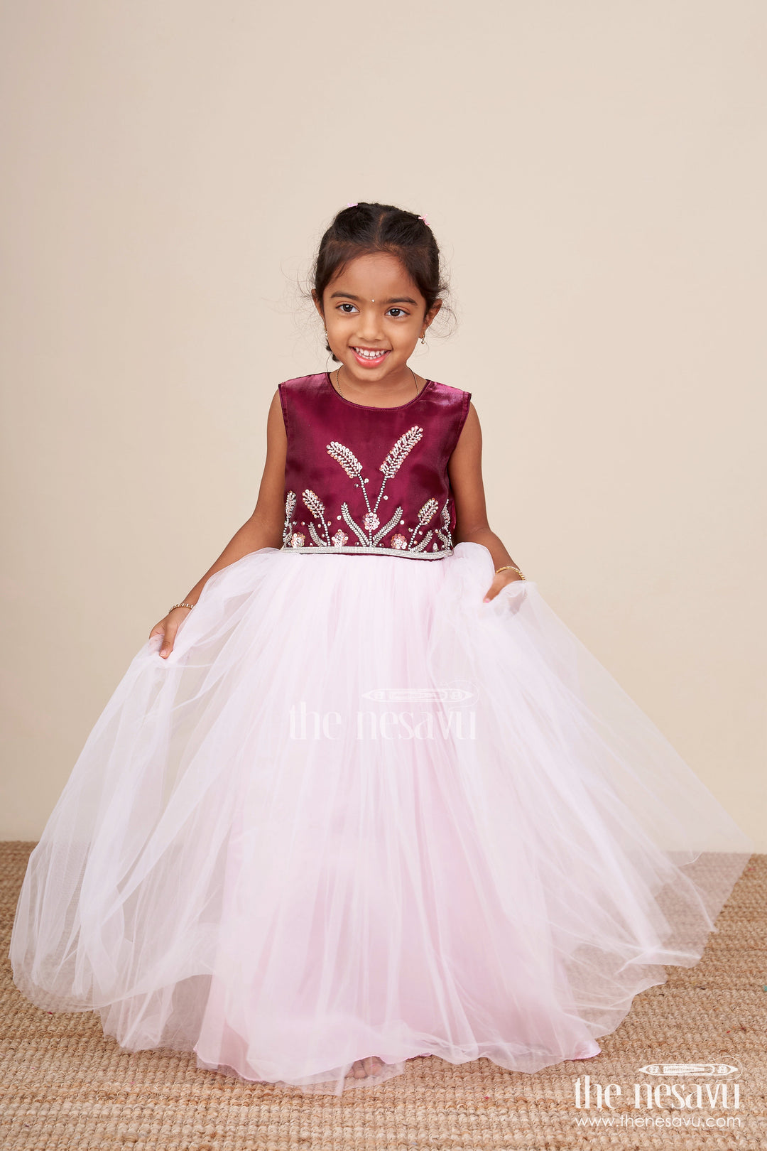 The Nesavu Girls Party Gown Girls Net Party Gown with Embroidered Yoke for Birthdays and Celebrations Nesavu 20 (3Y) / Red GA376D-20 Nesavu girls satin net party gown embroidered yoke birthdays festive occasions