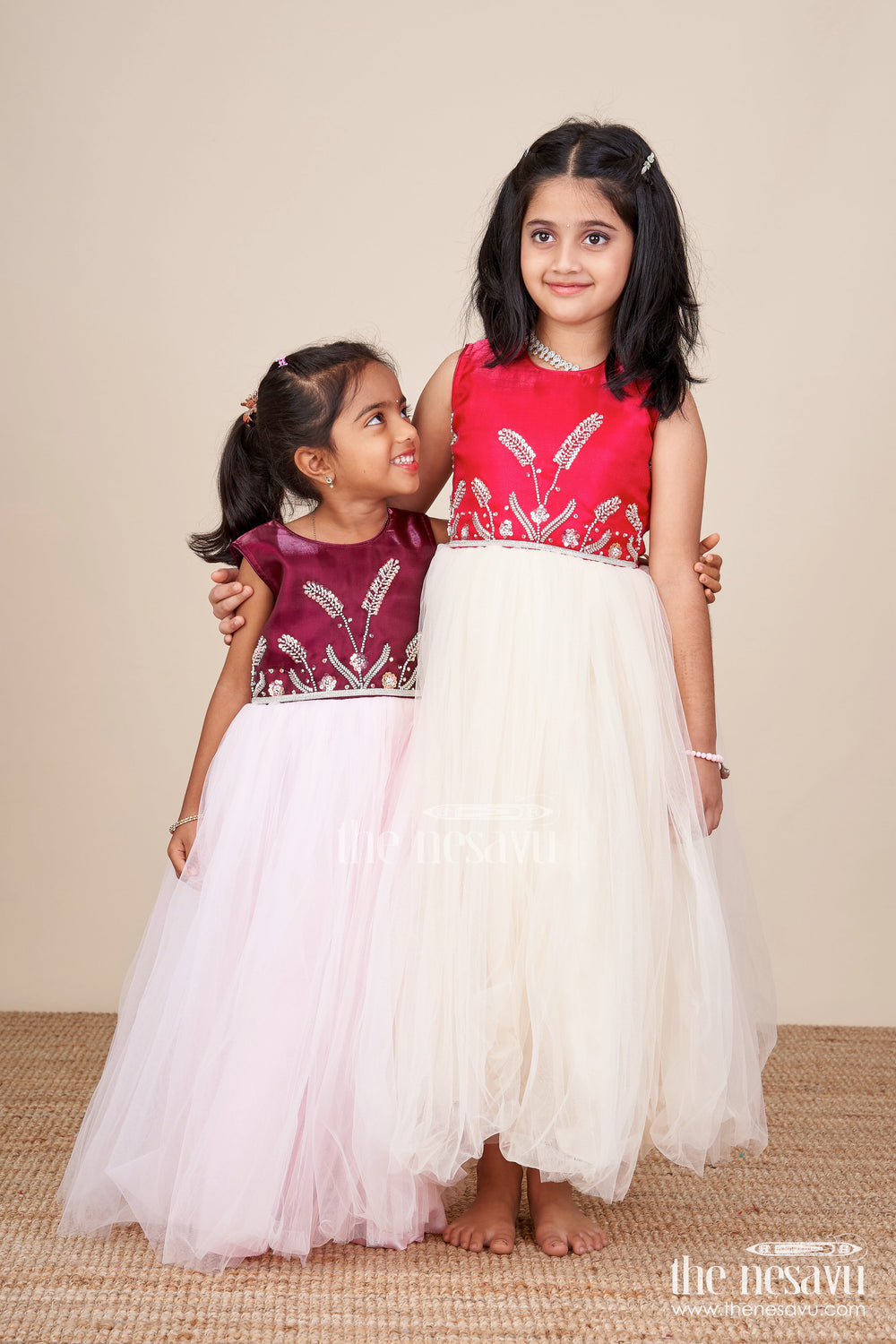 The Nesavu Girls Party Gown Girls Net Party Gown with Embroidered Yoke for Birthdays and Celebrations Nesavu Nesavu girls satin net party gown embroidered yoke birthdays festive occasions
