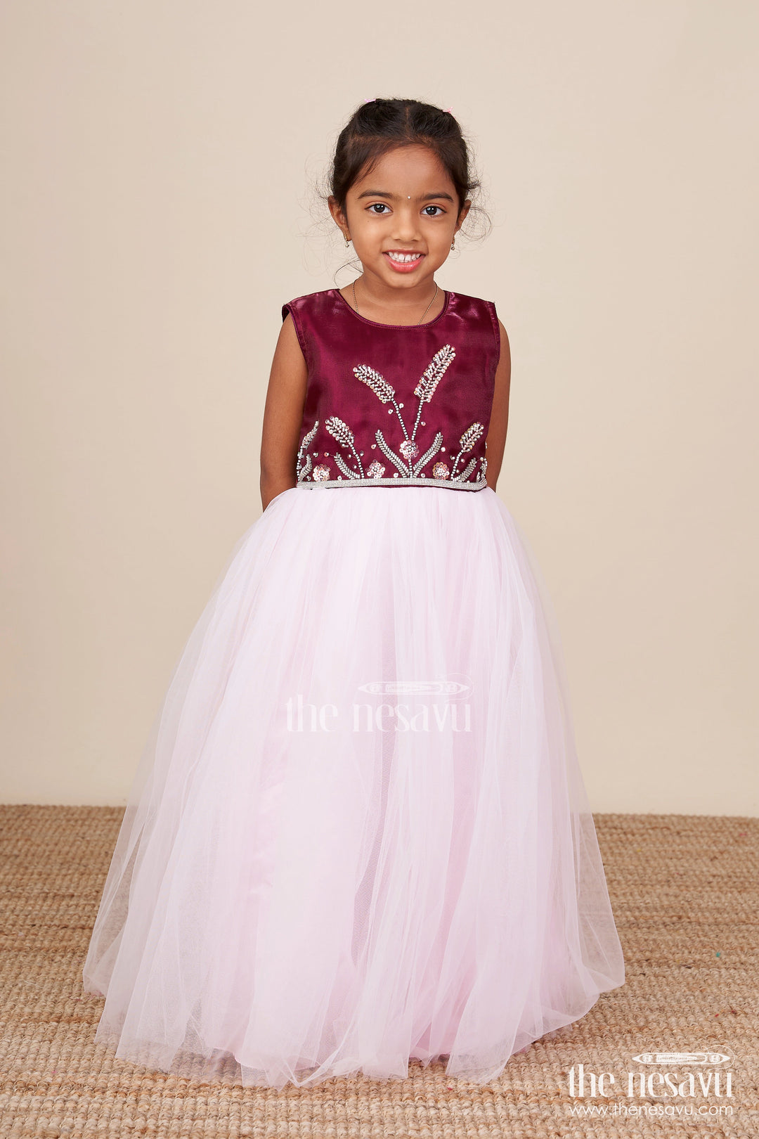 The Nesavu Girls Party Gown Girls Net Party Gown with Embroidered Yoke for Birthdays and Celebrations Nesavu Nesavu girls satin net party gown embroidered yoke birthdays festive occasions
