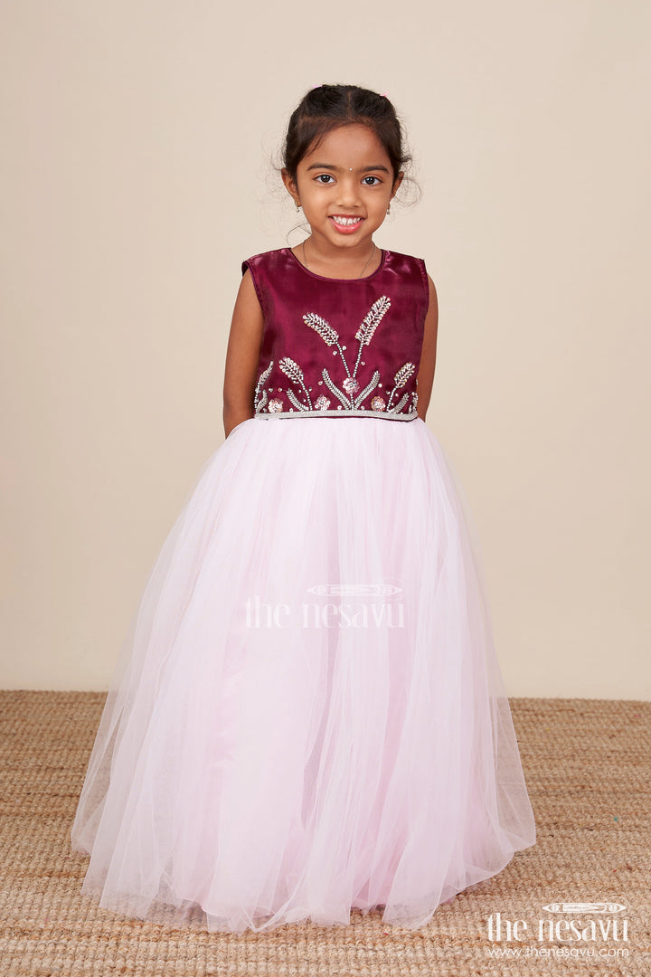 The Nesavu Girls Party Gown Girls Net Party Gown with Embroidered Yoke for Birthdays and Celebrations Nesavu Nesavu girls satin net party gown embroidered yoke birthdays festive occasions