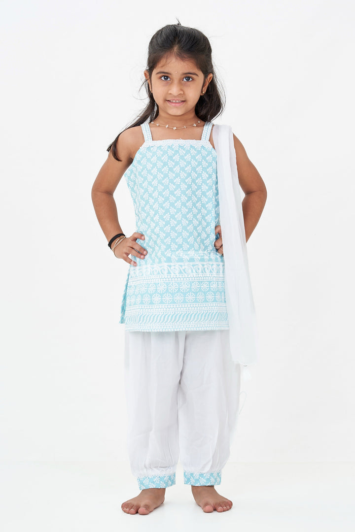 The Nesavu Girls Churidar Sets Girls New Chudi Set in Blue Cotton with Thread Embroidery Yoke and Matching White Dhoti Pants Nesavu Girls New Blue Chudi Set Embroidered Cotton Top White Dhoti Pants Dupatta | The Nesavu