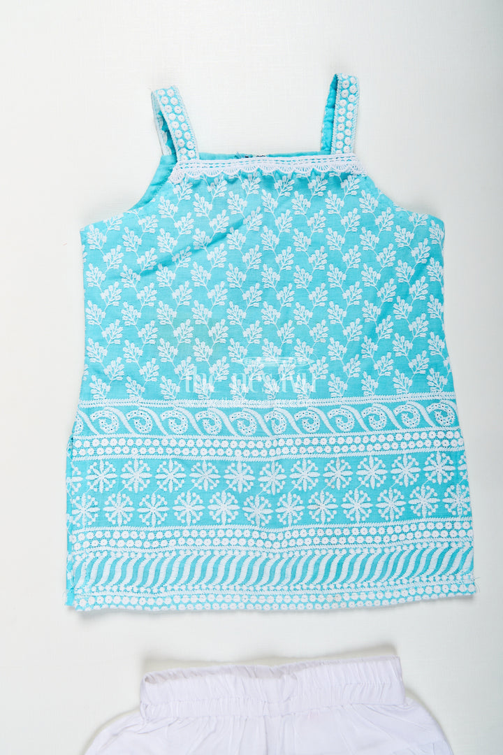 The Nesavu Girls Churidar Sets Girls New Chudi Set in Blue Cotton with Thread Embroidery Yoke and Matching White Dhoti Pants Nesavu Girls New Blue Chudi Set Embroidered Cotton Top White Dhoti Pants Dupatta | The Nesavu