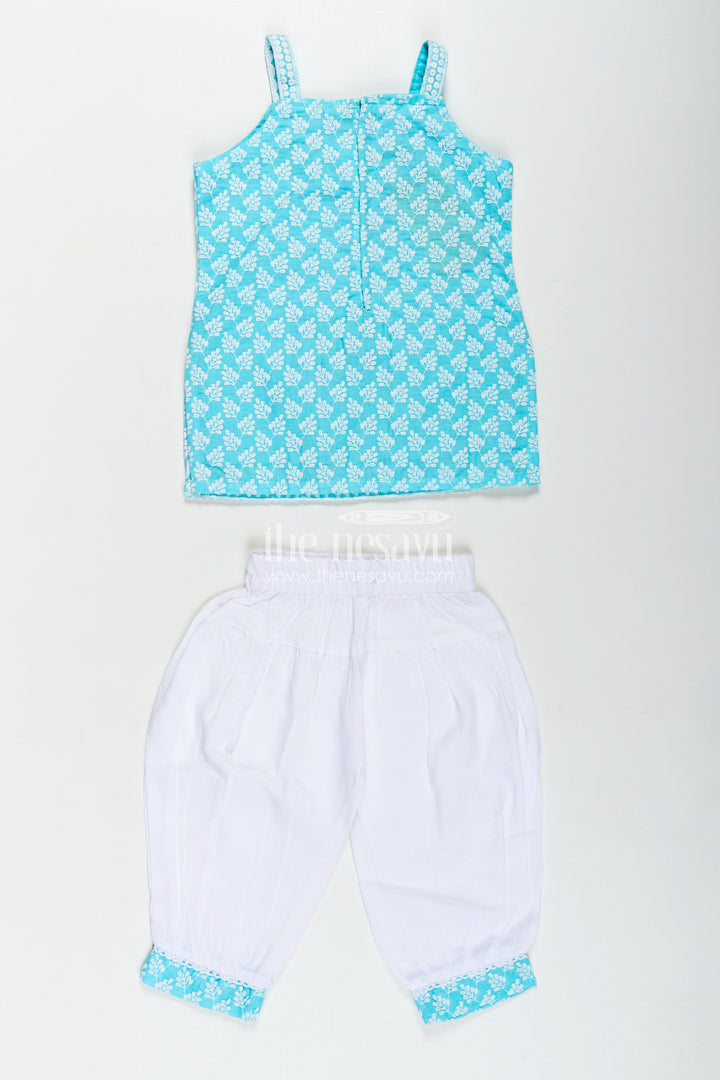 The Nesavu Girls Churidar Sets Girls New Chudi Set in Blue Cotton with Thread Embroidery Yoke and Matching White Dhoti Pants Nesavu Girls New Blue Chudi Set Embroidered Cotton Top White Dhoti Pants Dupatta | The Nesavu