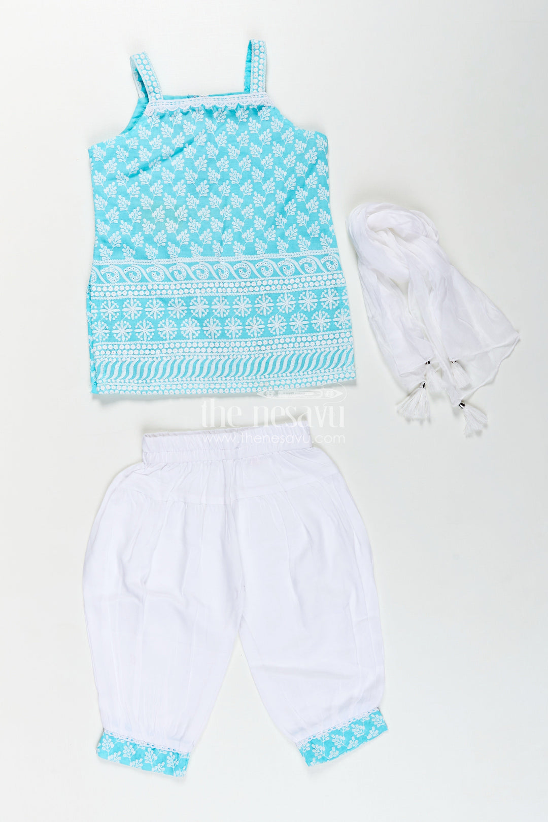 The Nesavu Girls Churidar Sets Girls New Chudi Set in Blue Cotton with Thread Embroidery Yoke and Matching White Dhoti Pants Nesavu Girls New Blue Chudi Set Embroidered Cotton Top White Dhoti Pants Dupatta | The Nesavu
