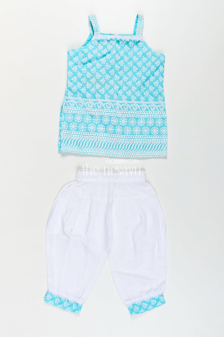 The Nesavu Girls Churidar Sets Girls New Chudi Set in Blue Cotton with Thread Embroidery Yoke and Matching White Dhoti Pants Nesavu Girls New Blue Chudi Set Embroidered Cotton Top White Dhoti Pants Dupatta | The Nesavu