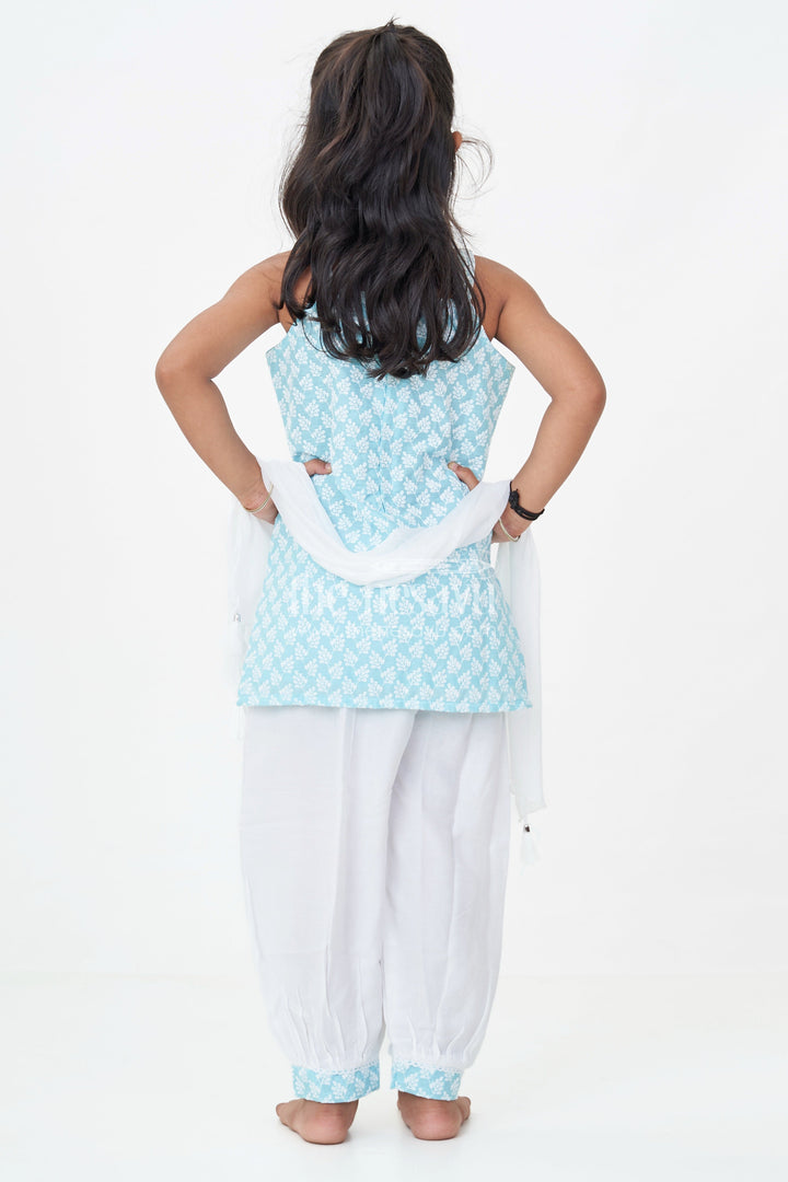The Nesavu Girls Churidar Sets Girls New Chudi Set in Blue Cotton with Thread Embroidery Yoke and Matching White Dhoti Pants Nesavu Girls New Blue Chudi Set Embroidered Cotton Top White Dhoti Pants Dupatta | The Nesavu