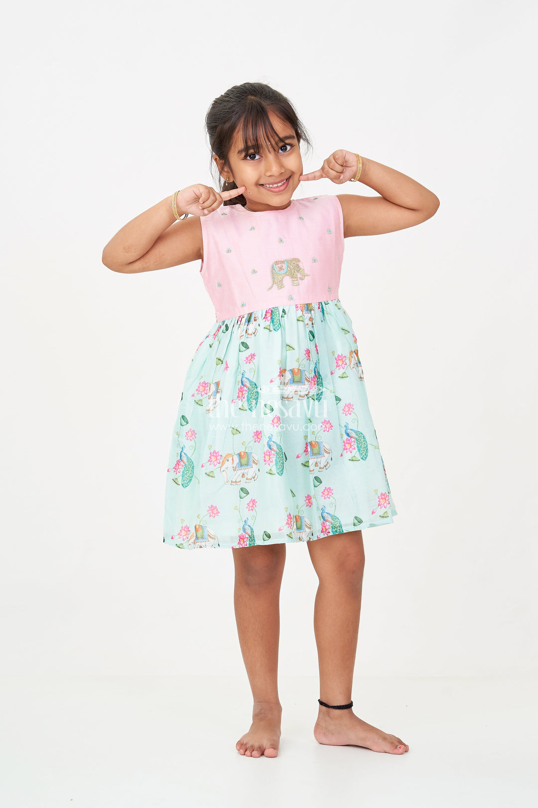 The Nesavu Girls Chanderi Frock Girls New Designs Frock in Chanderi with Sequins and Pichwai Printed Skirt Bottom Nesavu 16 (1Y) / Pink GFC1685A-16 Girls Chanderi Frock Sequin Embroidery Pichwai Digital Print New Designs | The Nesavu