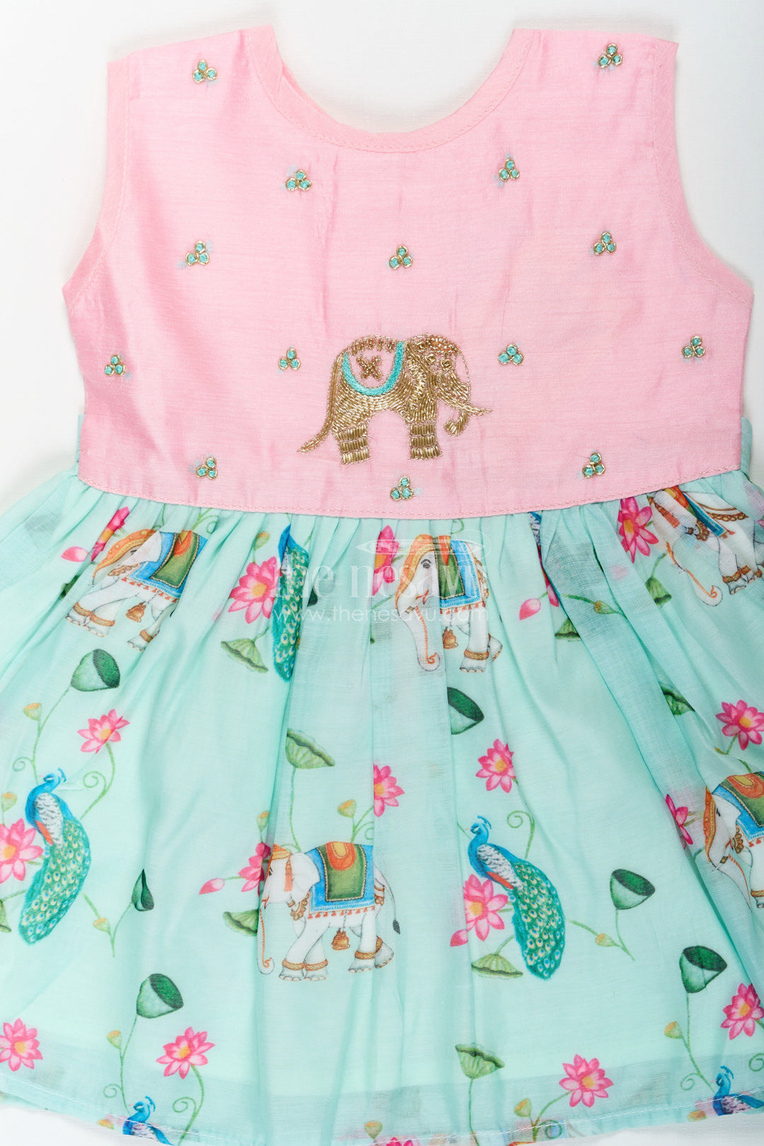 The Nesavu Girls Chanderi Frock Girls New Designs Frock in Chanderi with Sequins and Pichwai Printed Skirt Bottom Nesavu Girls Chanderi Frock Sequin Embroidery Pichwai Digital Print New Designs | The Nesavu