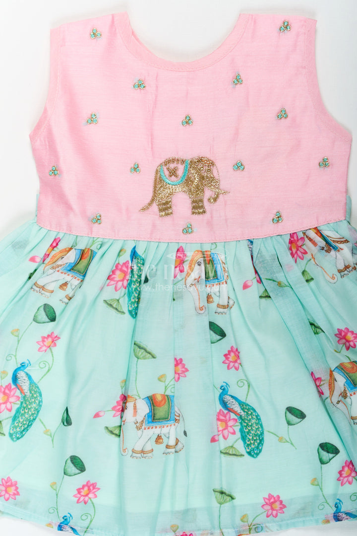 The Nesavu Girls Chanderi Frock Girls New Designs Frock in Chanderi with Sequins and Pichwai Printed Skirt Bottom Nesavu Girls Chanderi Frock Sequin Embroidery Pichwai Digital Print New Designs | The Nesavu