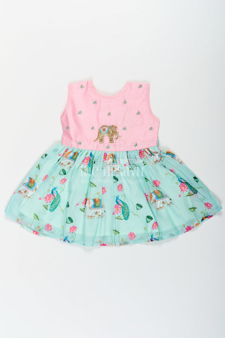 The Nesavu Girls Chanderi Frock Girls New Designs Frock in Chanderi with Sequins and Pichwai Printed Skirt Bottom Nesavu Girls Chanderi Frock Sequin Embroidery Pichwai Digital Print New Designs | The Nesavu