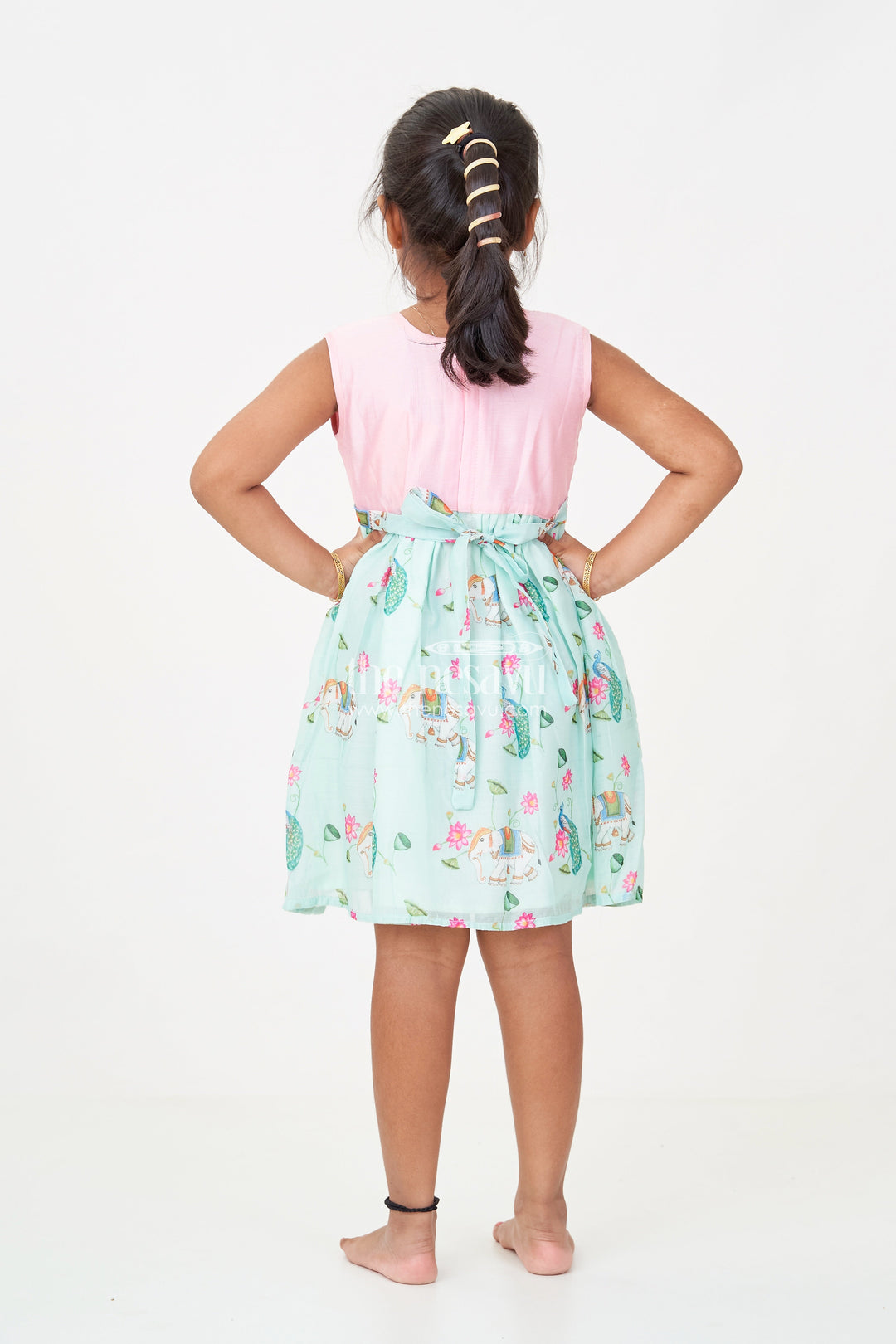 The Nesavu Girls Chanderi Frock Girls New Designs Frock in Chanderi with Sequins and Pichwai Printed Skirt Bottom Nesavu Girls Chanderi Frock Sequin Embroidery Pichwai Digital Print New Designs | The Nesavu