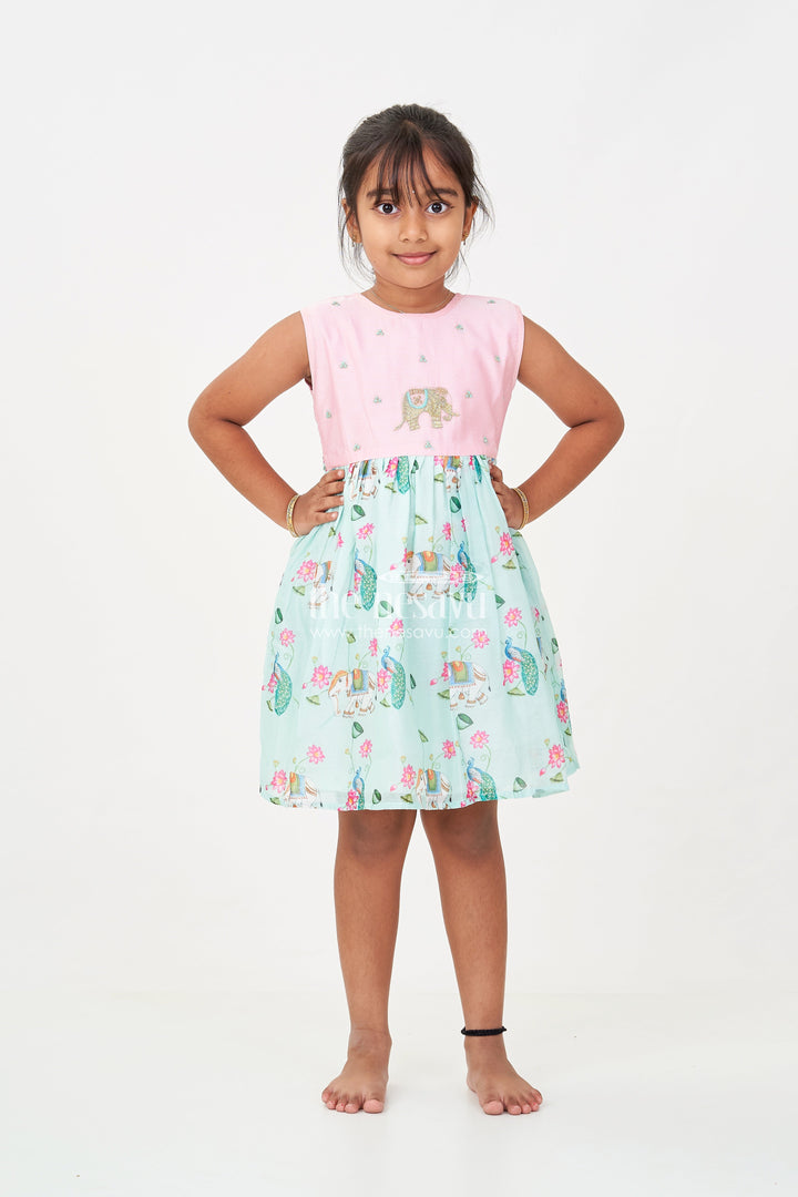 The Nesavu Girls Chanderi Frock Girls New Designs Frock in Chanderi with Sequins and Pichwai Printed Skirt Bottom Nesavu Girls Chanderi Frock Sequin Embroidery Pichwai Digital Print New Designs | The Nesavu
