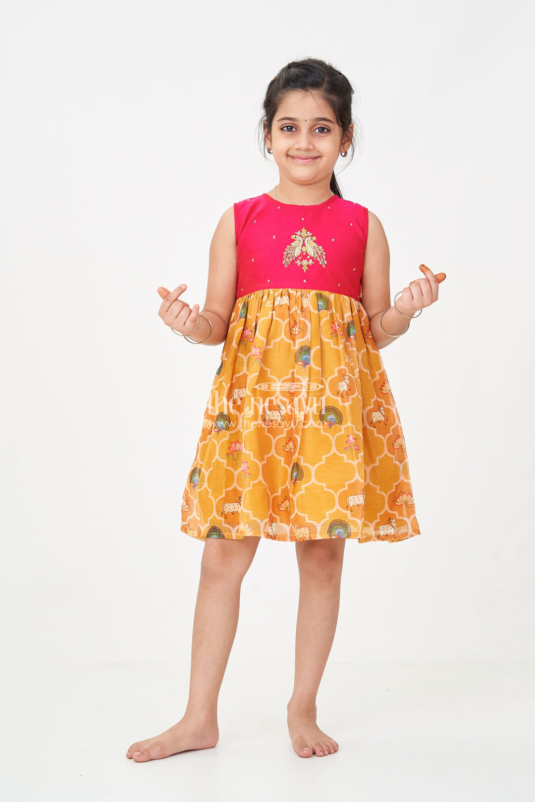 The Nesavu Girls Chanderi Frock Girls New Designs Of Frocks with Maroon Cotton Yoke and Animal Digital Printed Skirt Nesavu 16 (1Y) / Red GFC1684A-16 New Designs Frocks Girls Maroon Embroidered Yoke Animal Print Bottom | The Nesavu