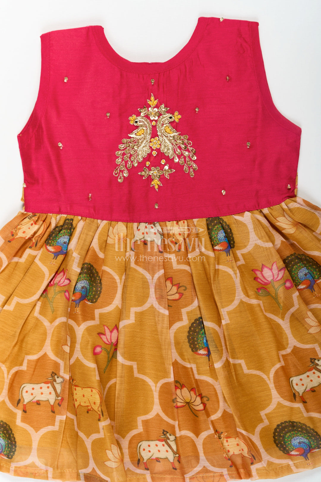 The Nesavu Girls Chanderi Frock Girls New Designs Of Frocks with Maroon Cotton Yoke and Animal Digital Printed Skirt Nesavu New Designs Frocks Girls Maroon Embroidered Yoke Animal Print Bottom | The Nesavu
