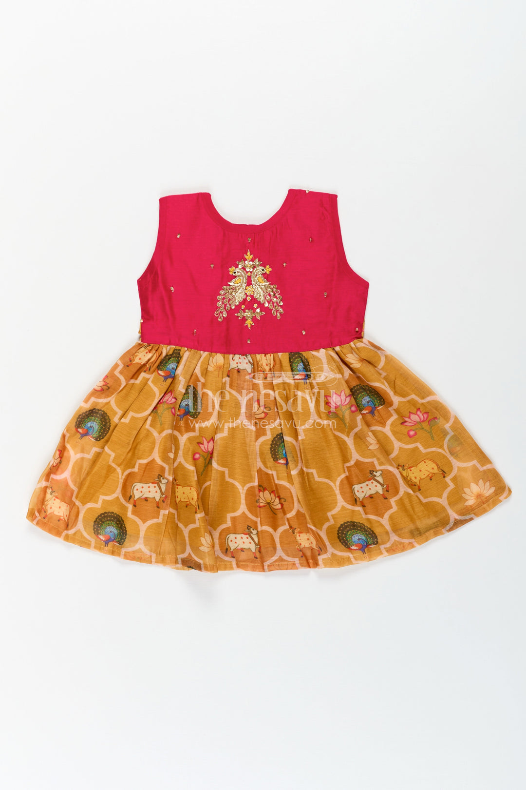 The Nesavu Girls Chanderi Frock Girls New Designs Of Frocks with Maroon Cotton Yoke and Animal Digital Printed Skirt Nesavu New Designs Frocks Girls Maroon Embroidered Yoke Animal Print Bottom | The Nesavu