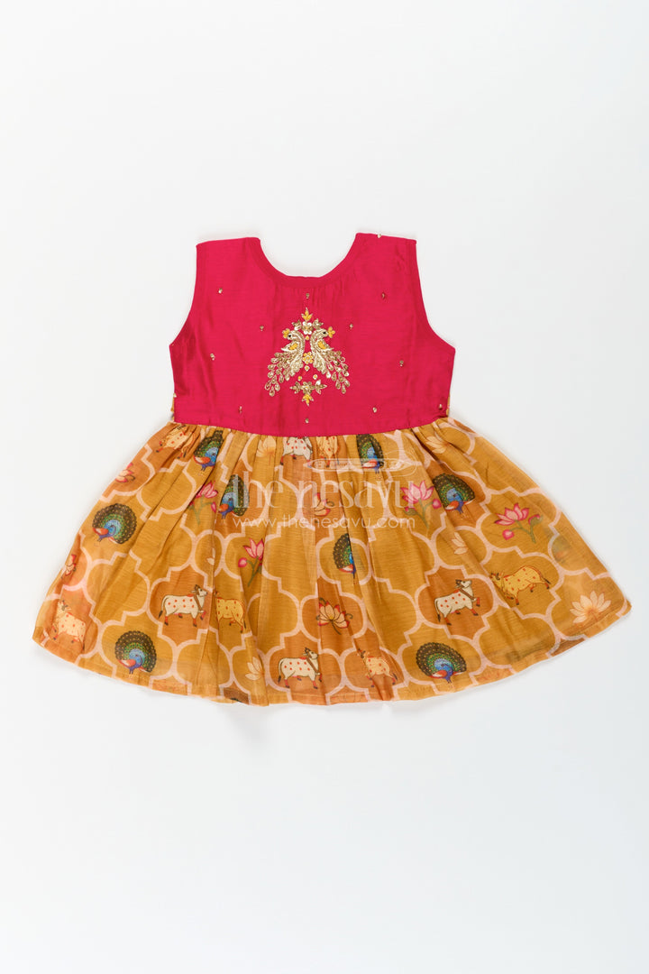 The Nesavu Girls Chanderi Frock Girls New Designs Of Frocks with Maroon Cotton Yoke and Animal Digital Printed Skirt Nesavu New Designs Frocks Girls Maroon Embroidered Yoke Animal Print Bottom | The Nesavu