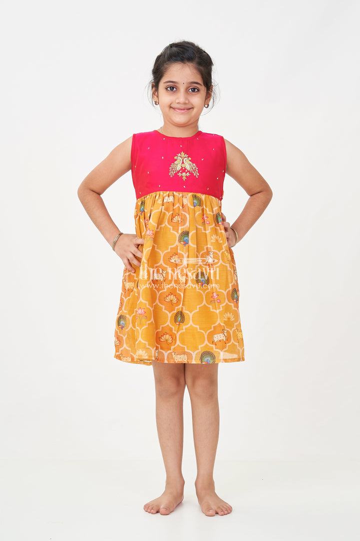The Nesavu Girls Chanderi Frock Girls New Designs Of Frocks with Maroon Cotton Yoke and Animal Digital Printed Skirt Nesavu New Designs Frocks Girls Maroon Embroidered Yoke Animal Print Bottom | The Nesavu