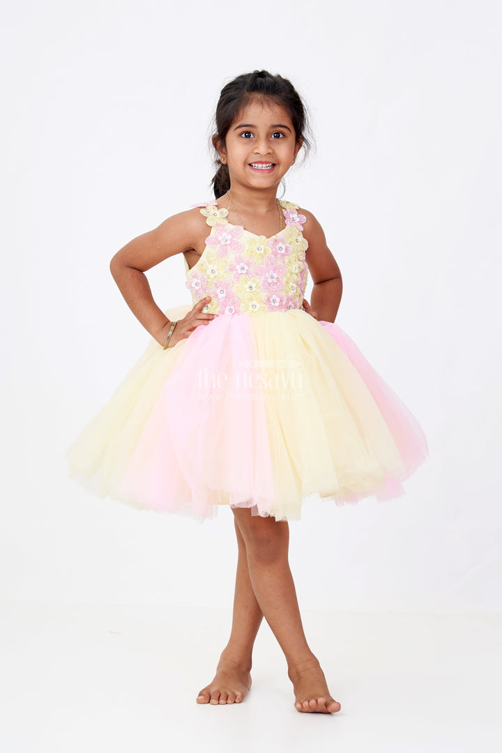 The Nesavu Girls Fancy Party Frock Girls New Party Frock Design in Soft Net with Floral Brooches Embellished Yoke and Fluffy Layers Nesavu 16 (1Y) / Pink PF207A-16 Girls New Party Frock Design Floral Brooches Soft Net Yoke Fluffy Layered Skirt | The Nesavu