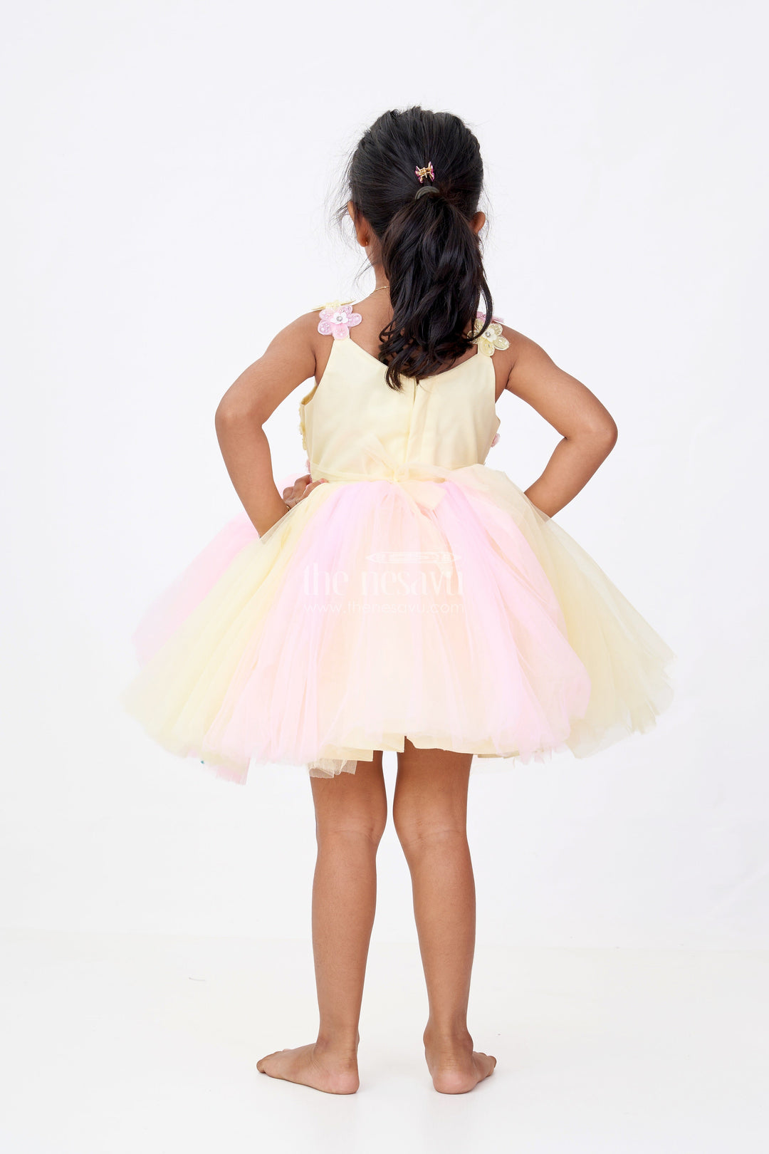 The Nesavu Girls Fancy Party Frock Girls New Party Frock Design in Soft Net with Floral Brooches Embellished Yoke and Fluffy Layers Nesavu Girls New Party Frock Design Floral Brooches Soft Net Yoke Fluffy Layered Skirt | The Nesavu
