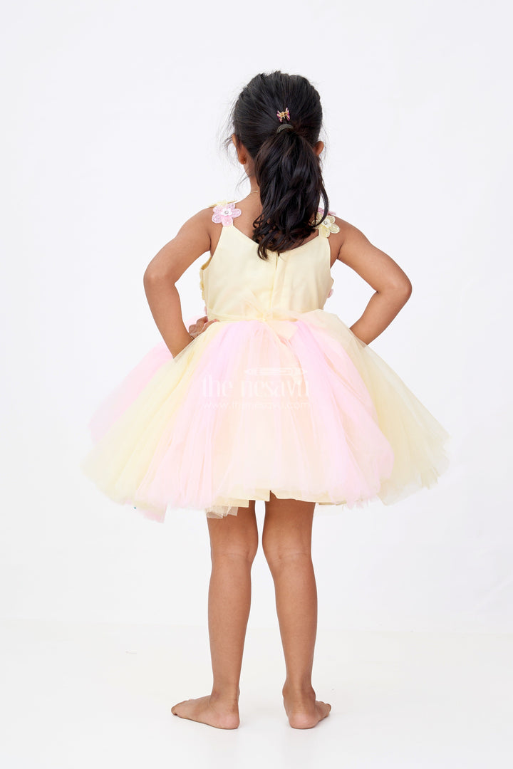 The Nesavu Girls Fancy Party Frock Girls New Party Frock Design in Soft Net with Floral Brooches Embellished Yoke and Fluffy Layers Nesavu Girls New Party Frock Design Floral Brooches Soft Net Yoke Fluffy Layered Skirt | The Nesavu