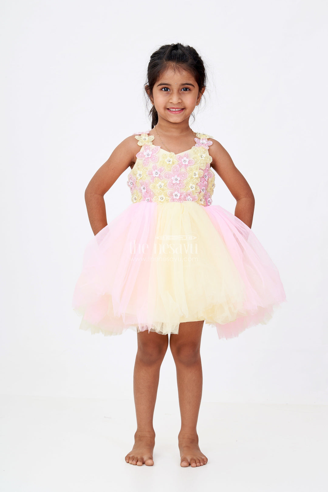 The Nesavu Girls Fancy Party Frock Girls New Party Frock Design in Soft Net with Floral Brooches Embellished Yoke and Fluffy Layers Nesavu Girls New Party Frock Design Floral Brooches Soft Net Yoke Fluffy Layered Skirt | The Nesavu