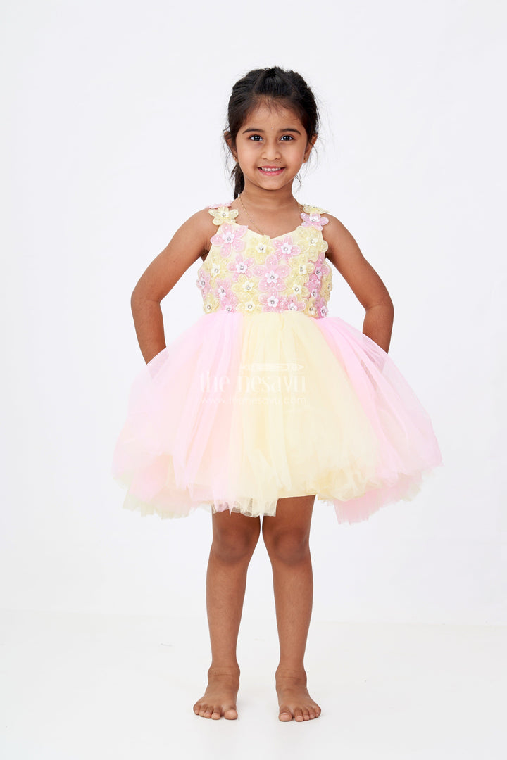 The Nesavu Girls Fancy Party Frock Girls New Party Frock Design in Soft Net with Floral Brooches Embellished Yoke and Fluffy Layers Nesavu Girls New Party Frock Design Floral Brooches Soft Net Yoke Fluffy Layered Skirt | The Nesavu