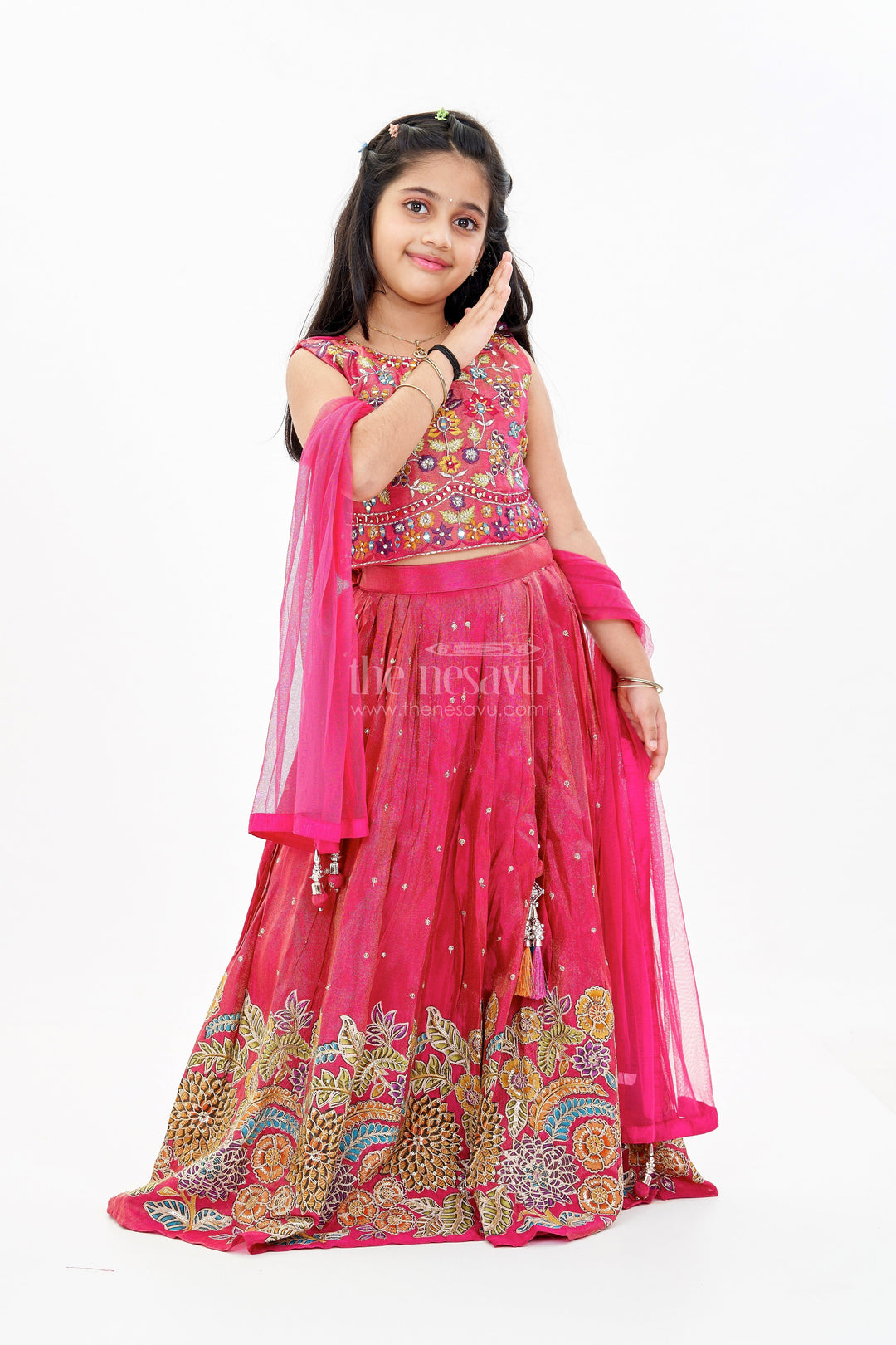The Nesavu Girls Lehenga Choli Girls New Trendy Lehenga in Magenta with Intricate Threadwork and Mirror Embellishments Nesavu 24 (5Y) / Pink GL572A-24 Girls Trendy Magenta Lehenga Set Embroidered Choli Mirror Work | The Nesavu